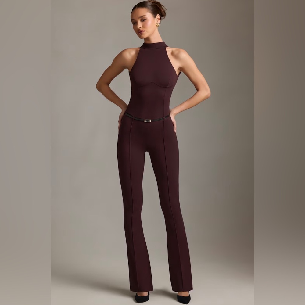 Backless Turtleneck Jumpsuit in Chocolate Brown